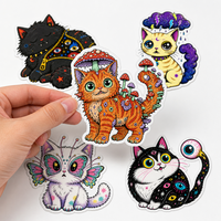 Autocollant personnalisé drôle de chat de dessin animé, autocollant psychédélique amusant, autocollant en vinyle découpé sur mesure, autocollant imperméable pour bouteilles d'eau