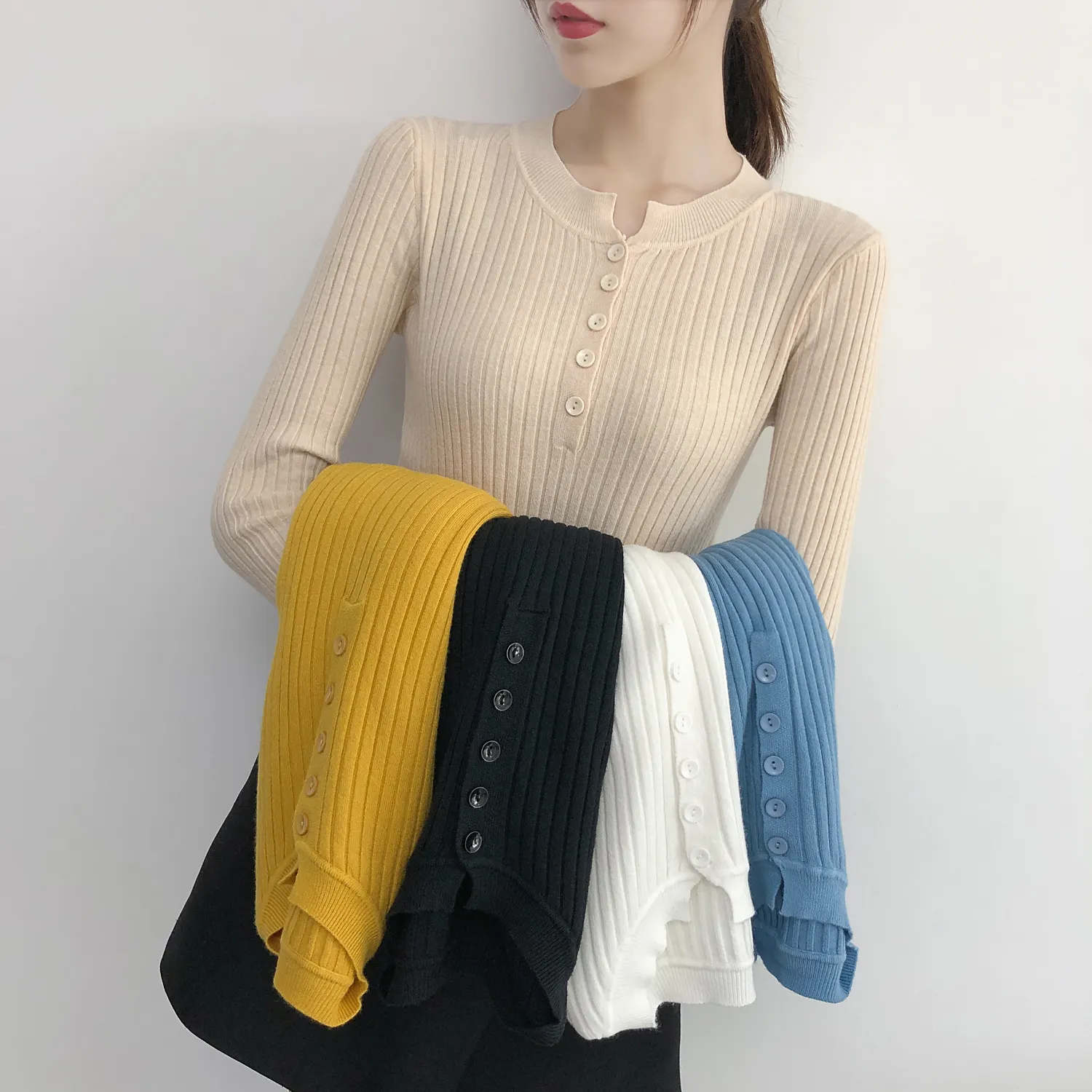 शरद ऋतु सर्दियों महिलाओं की लंबी आस्तीन दौर गर्दन बटन स्वेटर कोरियाई संस्करण स्लिम-फिट स्वेटर स्वेटर