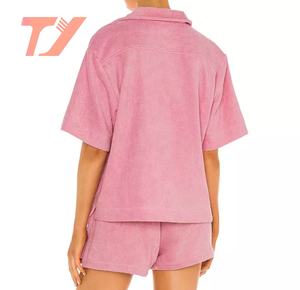 Kadın Terry 100% pamuk havlu pazen Boxy tarzı gömlek ve şort salonu giyim iki adet pijama seti - Product Image 3
