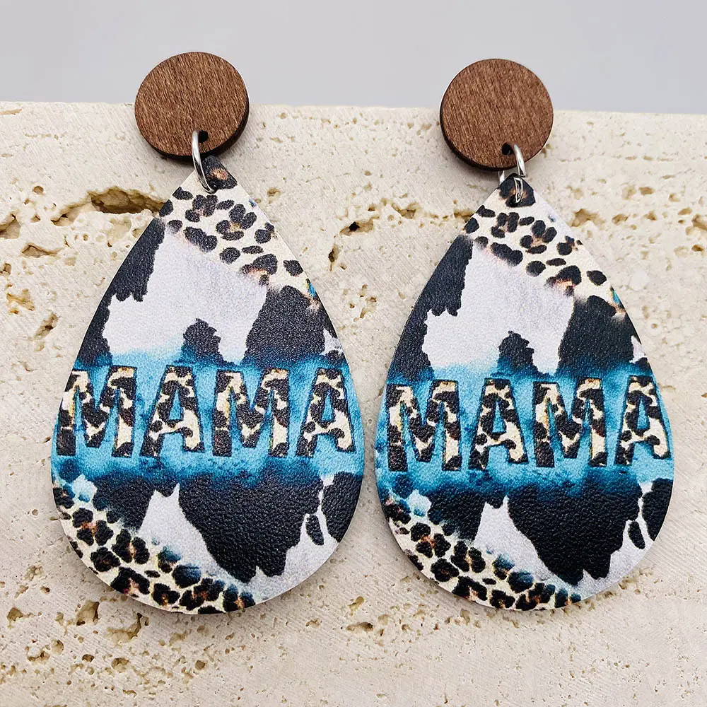 Bohemia Vintage Leopard Cow Print Mama Bear Pu Leather Waterdrop Earrings For Mother's Day Mom Gift Round Wooden Studs Earrings