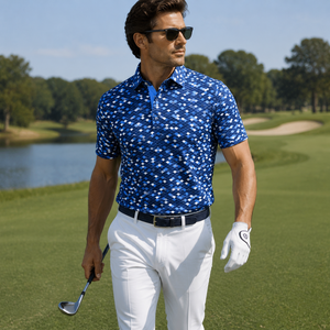 Camiseta de Polo de Golf Azul Personalizada con Mosaico para Hombre, Estampado Geométrico, de Secado Rápido, Elástica, Fabricante OEM ODM de Marca Privada - Product Image 1