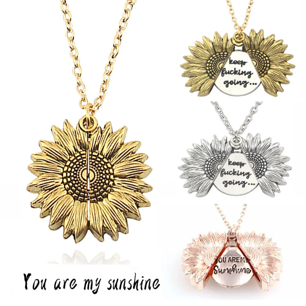 Antique Gold Silver Alloy Open Locket Necklace Engraved You Are My Sunshine Sunflower Pendant Necklace Party Jewelry Gift H082