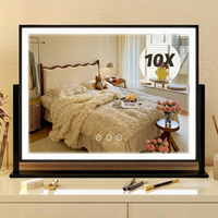 Miroir de maquillage avec écran tactile, éclairage LED 3 couleurs, variateur d'intensité, miroir de bureau carré grossissant, cadre en métal, OEM ODM