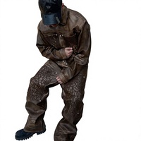 Ensemble streetwear homme en cuir gaufré, veste et pantalon longs, motif floral, coupe ample, pour l'hiver