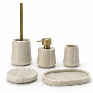 Juego de Accesorios de Baño de Mármol con Diseño de Madera, Juego de Baño de Mármol con Vetas de Madera Natural, Dispensador de Jabón de Mármol - Product Image 1