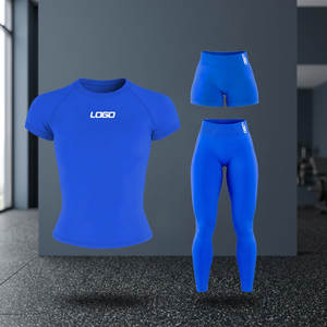 Conjunto de Yoga de 3 Piezas para Mujer, Top Azul de Manga Corta, Pantalones Cortos y Leggings, Cuello Redondo, Cintura Alta, Sin Costuras, Elástico en 4 Direcciones, Ropa Deportiva - Product Image 3