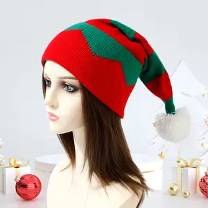 قبعة سانتا بوم للأطفال البالغين للعطلات العائلية مطابقة للأطفال والرجال محبوك دافئ أحمر أخضر شيفرون قبعة صوف لعيد الميلاد