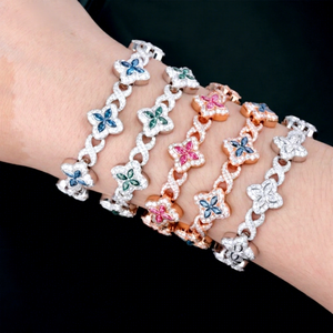 Bracelet en argent sterling S925 plaqué or 18 carats, trèfle bleu, rose, vert, diamant cubain, moissanite, avec certificat GRA - Product Image 1