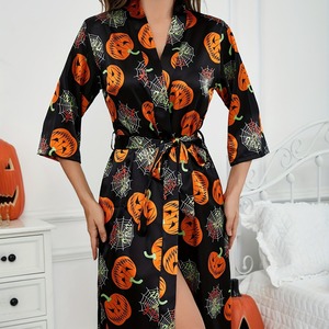 Femmes Halloween solide Satin col en v Kimono Cardigan peignoir robe du matin/chemise de nuit taille élastique à manches longues pyjamas - Product Image 6