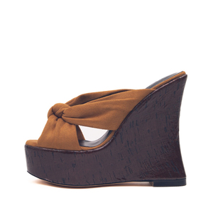 Women Wooden Prints Pumps High Wedge Heels Suede Sandals Dress Bow-knotted Thick Platform on Mules Peep Toe <b>Shoes</b> - Product Image 3