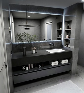 Modern high-end hotel wind rock slab integrated basin intelligent lighting <b>mirror</b> <b>wall</b> mounted bathroom cabinet - Product Image 4