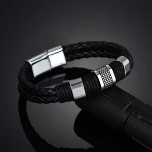 Fashion Braided Cuff Bracelet <b>Bangle</b> Wristband Black Leather Wristband with Magnetic Metal Clasp Vintage Woven <b>Men</b> Bracelet Gift - Product Image 3