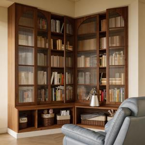 Librería de Madera de Nogal Macizo con Puertas de Vidrio y Estantes Abiertos - Muebles Personalizados OEM - Product Image 1