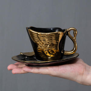 Tasse à café en céramique plaquée or, tasse à expresso et soucoupe, ensemble tasse et soucoupe à café paon électroplaqué - Product Image 2