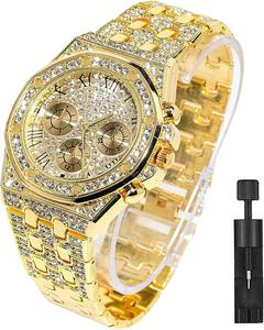 Reloj con Diamantes Incrustados, Chapado en Oro CZ, 40 mm de Ancho, Esfera con Números Romanos, Reloj de Pulsera de Cuarzo para Hombre y Mujer - Product Image 1