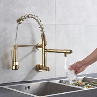 Robinet de cuisine mural de luxe moderne doré à poignée unique avec double bec et pulvérisateur latéral pivotant à 360° – Direct Usine