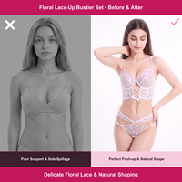 Ensemble de lingerie féminine élégant : string et soutien-gorge bustier long, en dentelle florale blanche, avec corset à armatures en maille transparente et laçage