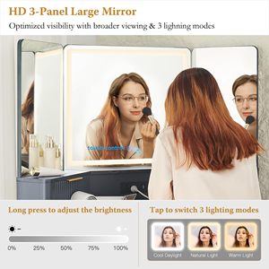 AJUNION 48 "moderno acanalado de madera maquillaje vanidad vidrio superior tocador 3 paneles espejos esquina maquillaje tocador <span class=keywords><strong>con</strong></span> 3 <span class=keywords><strong>luces</strong></span> Led - Product Image 2