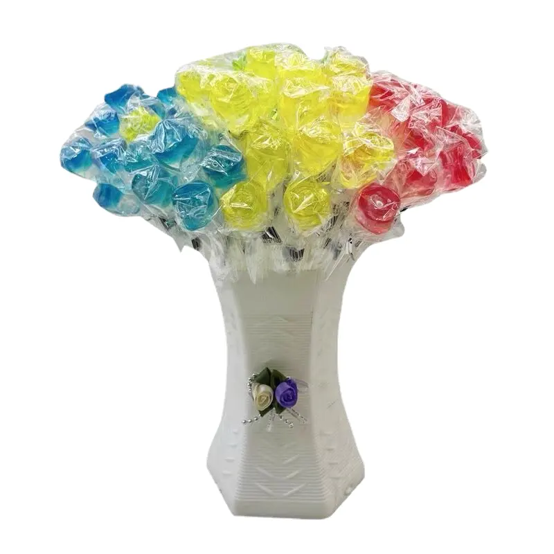 HY Toys100 Children's Long pole Crystal Flower bouquet High appearance Level Lollipop colored rose shape kids candy