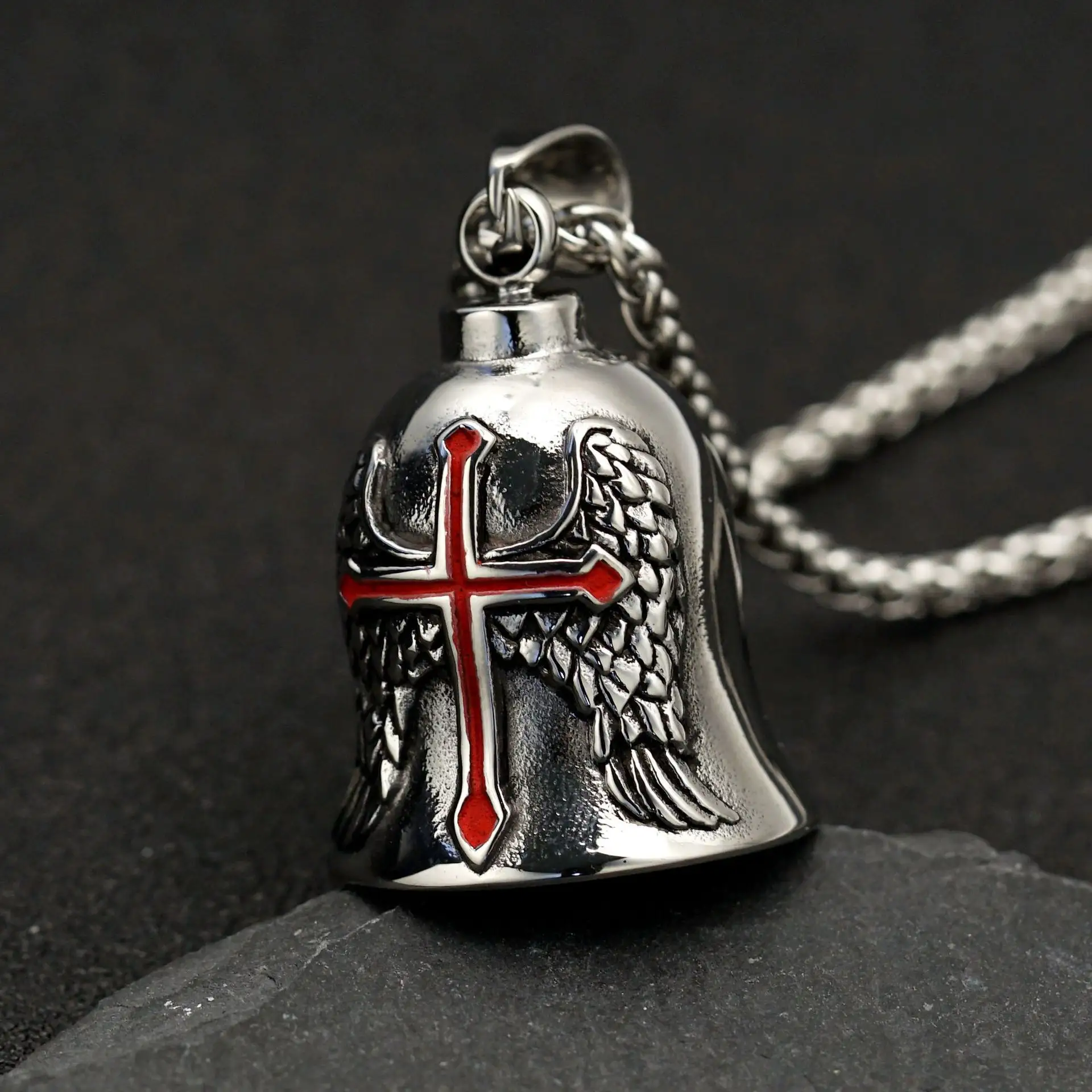Men Retro Bell Dripping Oil Pendant Necklace Hip Hop Punk Pendant Wings Angel Necklace Chains