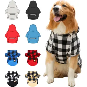 黑色水牛格子狗连帽衫冬季大狗毛衣，带帽子和口袋
