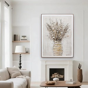 Quadro su tela con fiori testurizzati, decorazione da parete media per la casa, <span class=keywords><strong>vaso</strong></span> con fiori secchi e ornamenti circolari - Product Image 1