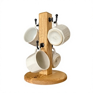 Support à tasses en bois rustique fait main, durable, rotatif à 360° avec crochets, multifonction - Product Image 1
