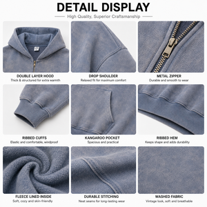Factory Custom Men Washed <b>Full</b> Zip Hoodie Oversized Casual Sweatshirt Multi Color Blank Streetwear OEM Wholesale - Product Image 4