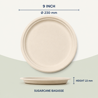 Assiette ronde jetable en bagasse de canne à sucre compostable de 9 pouces, robuste, pour la restauration en gros
