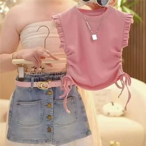 Nueva moda <span class=keywords><strong>2</strong></span> uds. Conjunto de ropa para niñas Camiseta de punto sin mangas con volantes sólidos + Pantalones cortos vaqueros trajes para niñas - Product Image 2