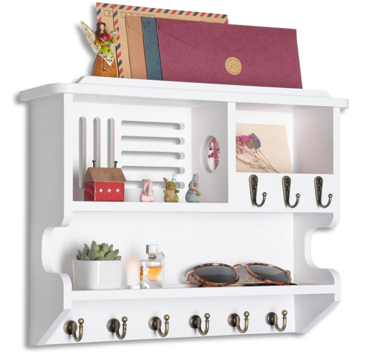 Japanese Wood Key Holder Wall Mounted - 5 Hook Key Rack With Shelf, Punch-Free Adhesive, Walnut Color