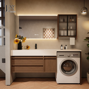 Meuble-lavabo flottant en bois de noyer avec meuble intégré pour machine à laver, miroir LED encastré et armoire murale en <span class=keywords><strong>verre</strong></span> cannelé - Product Image 1
