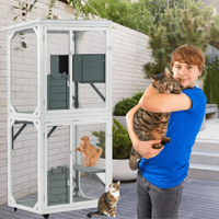 XPT016 extérieur/intérieur grande cage pour animaux de compagnie Nature bois blanc avec peintures maison de chat en bois avec support en métal pour patio arrière-cour