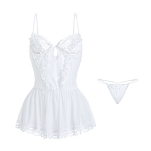 Camisones sexis para mujer, dobladillo de encaje, picardías de malla transparente, Vestido corto con Tanga, ropa para el hogar, conjunto de lencería 2216 - Product Image 6