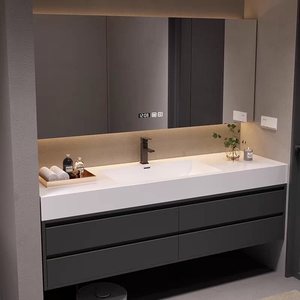 Customized seamless ceramic hot bending integrated basin rock slab intelligent mirror wall hanging <b>oak</b> bathroom cabinet - Product Image 4