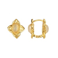 Boucles d'oreilles créoles compactes en argent sterling S925 plaqué or 18 carats avec trèfle à quatre feuilles et fleur d'agate, bijoux raffinés pour filles
