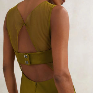 Vestido maxi casual de satén verde oliva para mujer, estilo sirena, con panel de malla transparente - Product Image 5