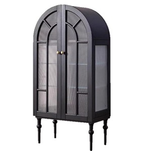 Armoire latérale en bois massif de style rétro français, à double porte, avec rangement, pour salon, vitrine en verre noir - Product Image 5