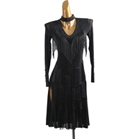 Robe de compétition de danse latine pour femmes, noire, à manches longues, avec franges en strass