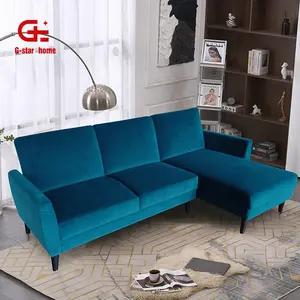 现代北欧l形沙发客厅转角沙发折叠蓝色天鹅绒3座沙发组合