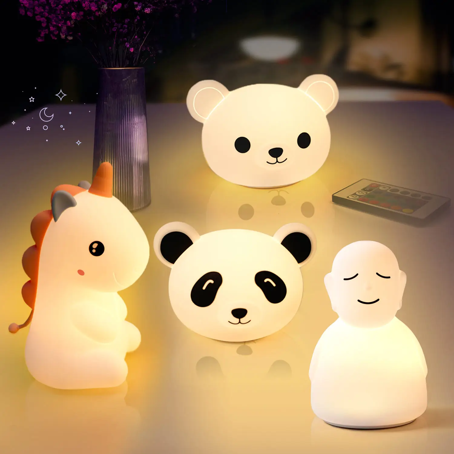 Mini luz de noche de silicona de tacto suave Led recargable encantadora para niños Panda unicornio oso Buda lámpara de silicona Animal luz de noche