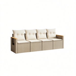 Conjunto de Sofá de Jardín de Mimbre Sintético, 4 Plazas, Reposabrazos Ajustables, Muebles de Exterior, Diseño Contemporáneo, Beige - Product Image 1