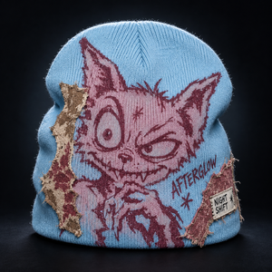 Gorro de punto con gráfico desgastado DYMF, bajo MOQ, con borde deshilachado, logo de patchwork, estilo punk Y2K, gorro holgado de invierno - Product Image 2