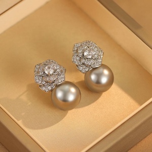 Women's Retro Style New Fashionable <b>Stud</b> Earrings Light Luxury Simple High-end Charm Camellia S925 <b>Silver</b> Needle Pearl Accents - Product Image 1