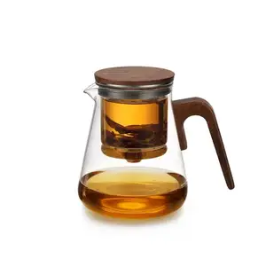 Factory Sale Dripper Tea Infuser Press Cup Magnetic Rotating Cover Tea Pot Clear Glass Tea Pot With Wooden Lid