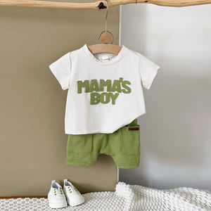 Setelan kasual bayi laki-laki perempuan, kaos lengan pendek + celana pendek cetakan huruf dan pinggang elastis musim panas - Product Image 5