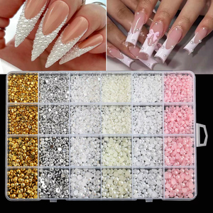 Lot de 24 grilles de faux perles demi-rondes à fond plat, couleurs assorties (blanc, or, argent, <span class=keywords><strong>beige</strong></span>, rose), pour la décoration d'ongles DIY - Product Image 1