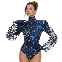 Justaucorps sur mesure à imprimé galaxie, orné de strass et de paillettes, à manches longues, pour spectacle de Drag Queen, Showgirl, danseuse