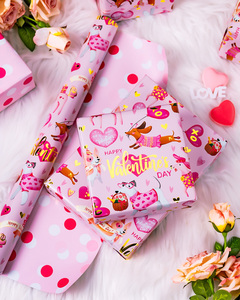 Pink aluminum coated Valentines Day gift <b>wrapping</b> <b>paper</b> with cute puppy and heart pattern design Colorful printing customizable - Product Image 2