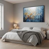 Peinture abstraite florale texturée bleue en gros, faite à la main, sur toile, art mural contemporain personnalisé